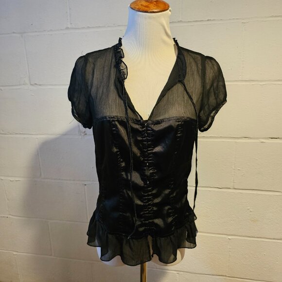 y2k Goth Emo McBling Western Girly Femi Fairy Wet Seal Black Sheer Blouse - Picture 11 of 11
